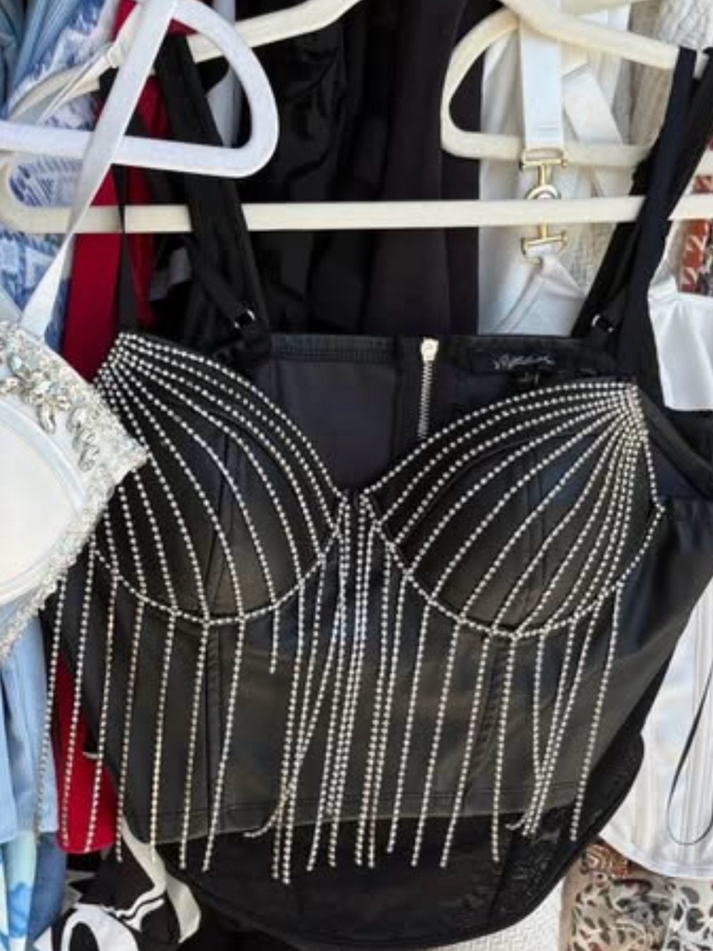 Black Rhinestone Fringe Bustier Top